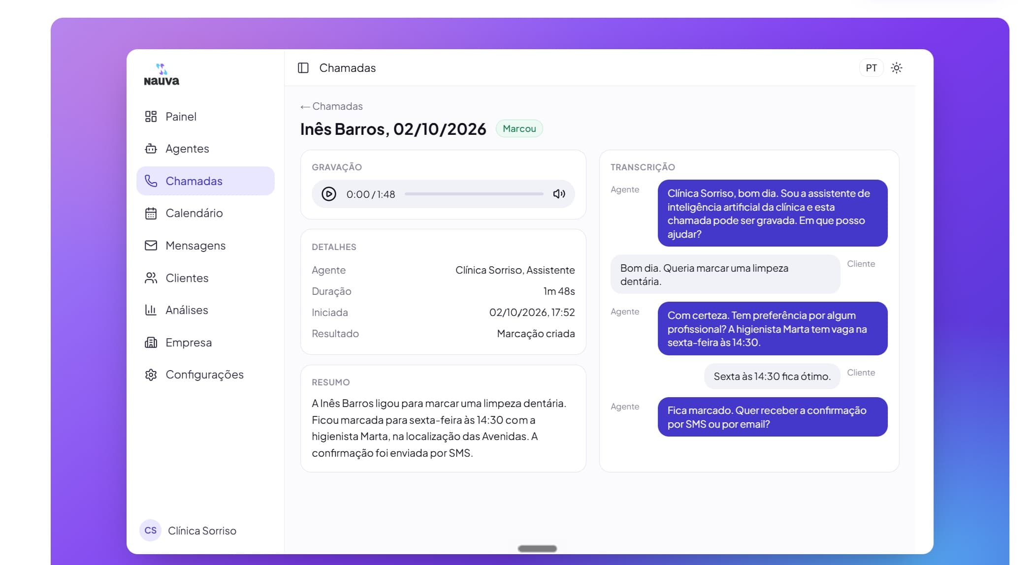 O portal da Nauva: o detalhe de uma chamada com gravação, resumo e transcrição